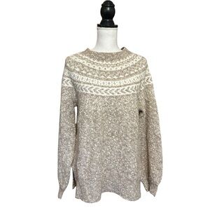 Hem & Thread Nordic Fair Isle Sweater Womens L Wool Blend Neutral Preppy Chunky
